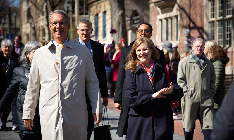 Led by the Penn Band, Liz Magill—alongside Trustees Chair Scott Bok—walk through campus in celebration of her recent confirmation as Penn’s next president. 