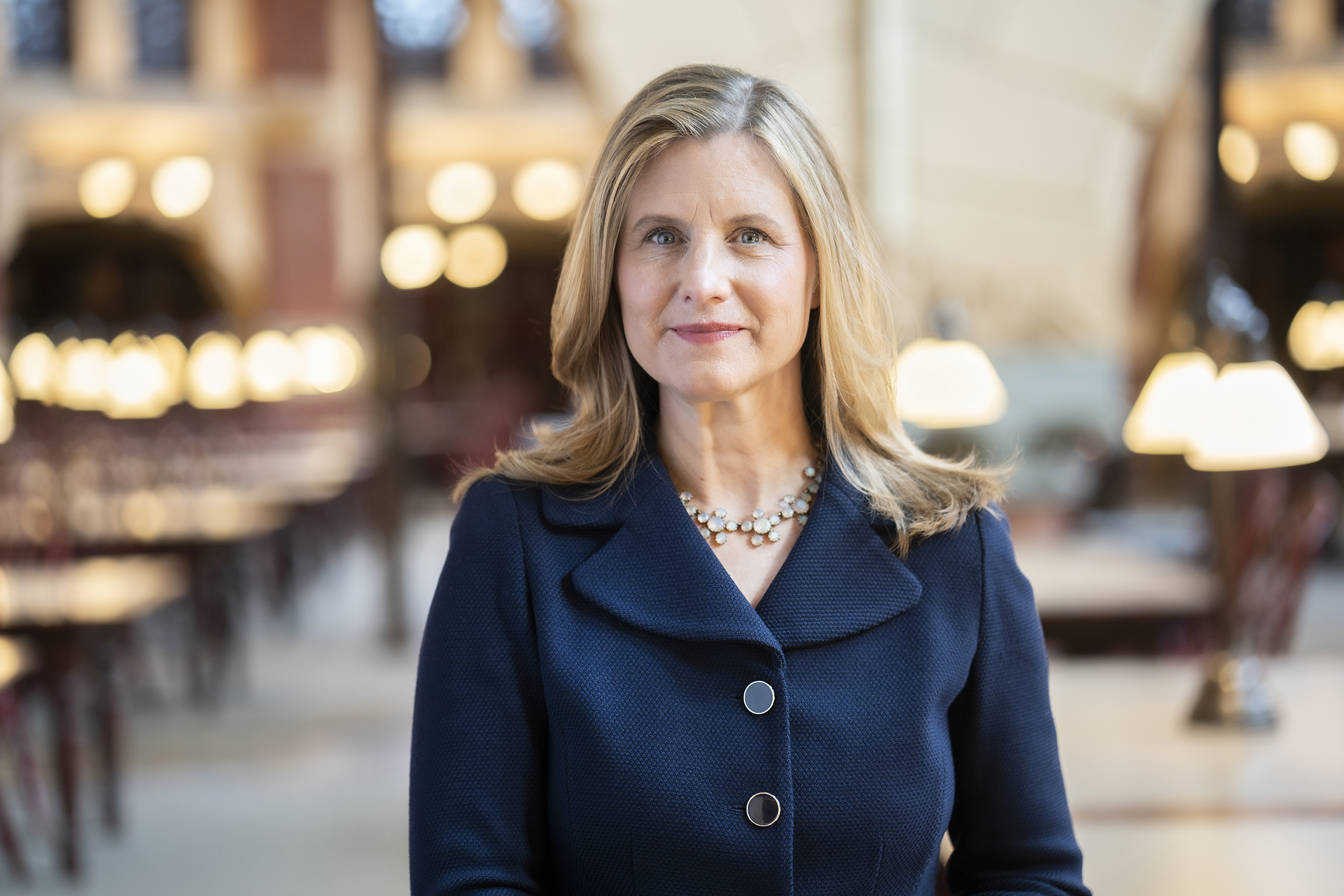 Liz Magill, Penn's 9th President, photographed in the Fisher Fine Arts Library