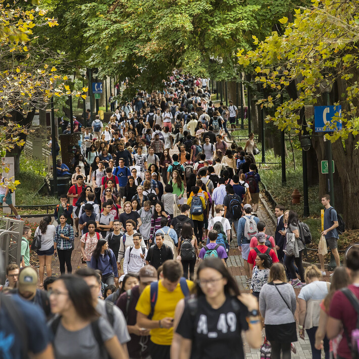 A very crowded view of students on Locust Walk